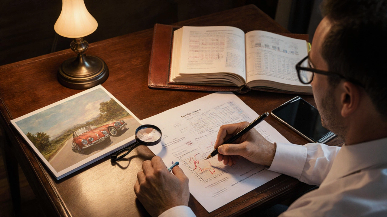 Appraiser assessing a car brochure, painting, and stock data on a desk with paperwork.