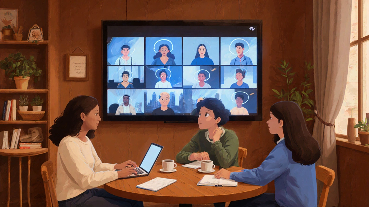 Cafe table with friends and a screen showing remote participants in a hybrid meeting.