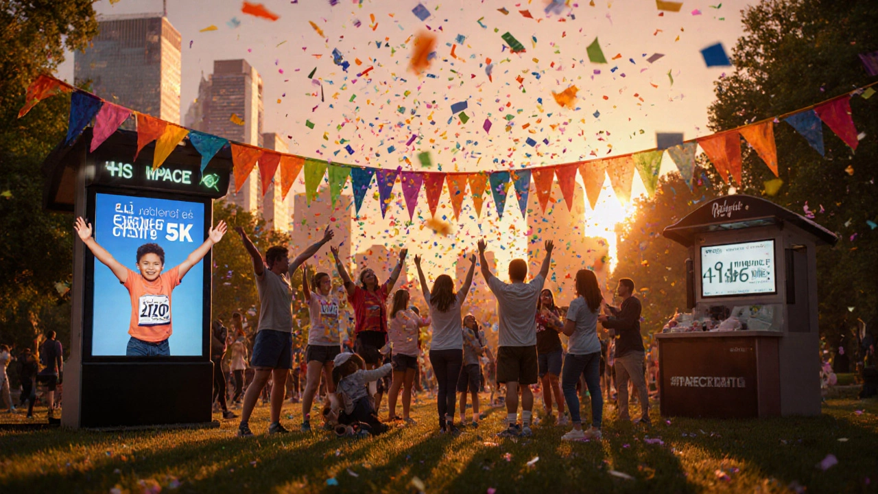 Celebration after a charity run with volunteers, confetti, and children receiving support.