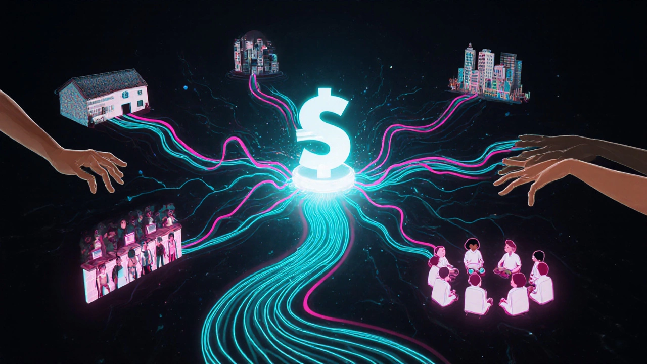 Data streams flowing from a fund icon to diverse community mental health settings.