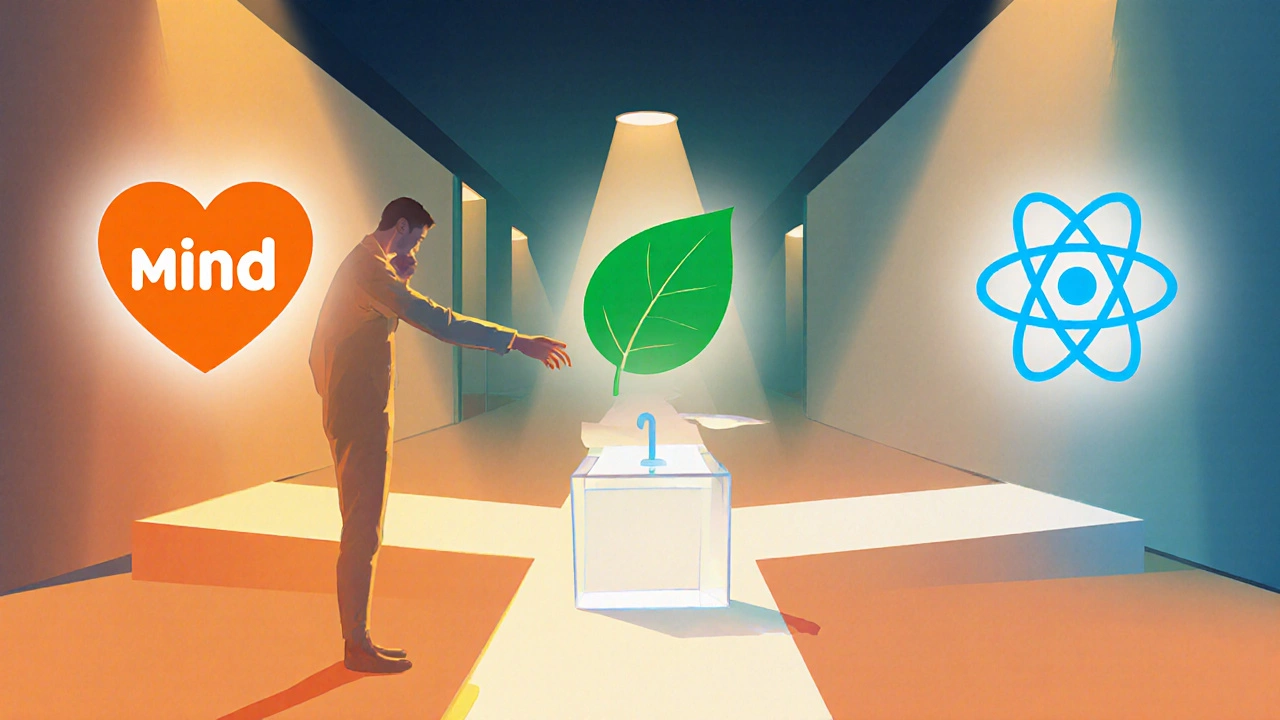 Donor at a hallway crossroads choosing between orange heart, green leaf, and blue atom.