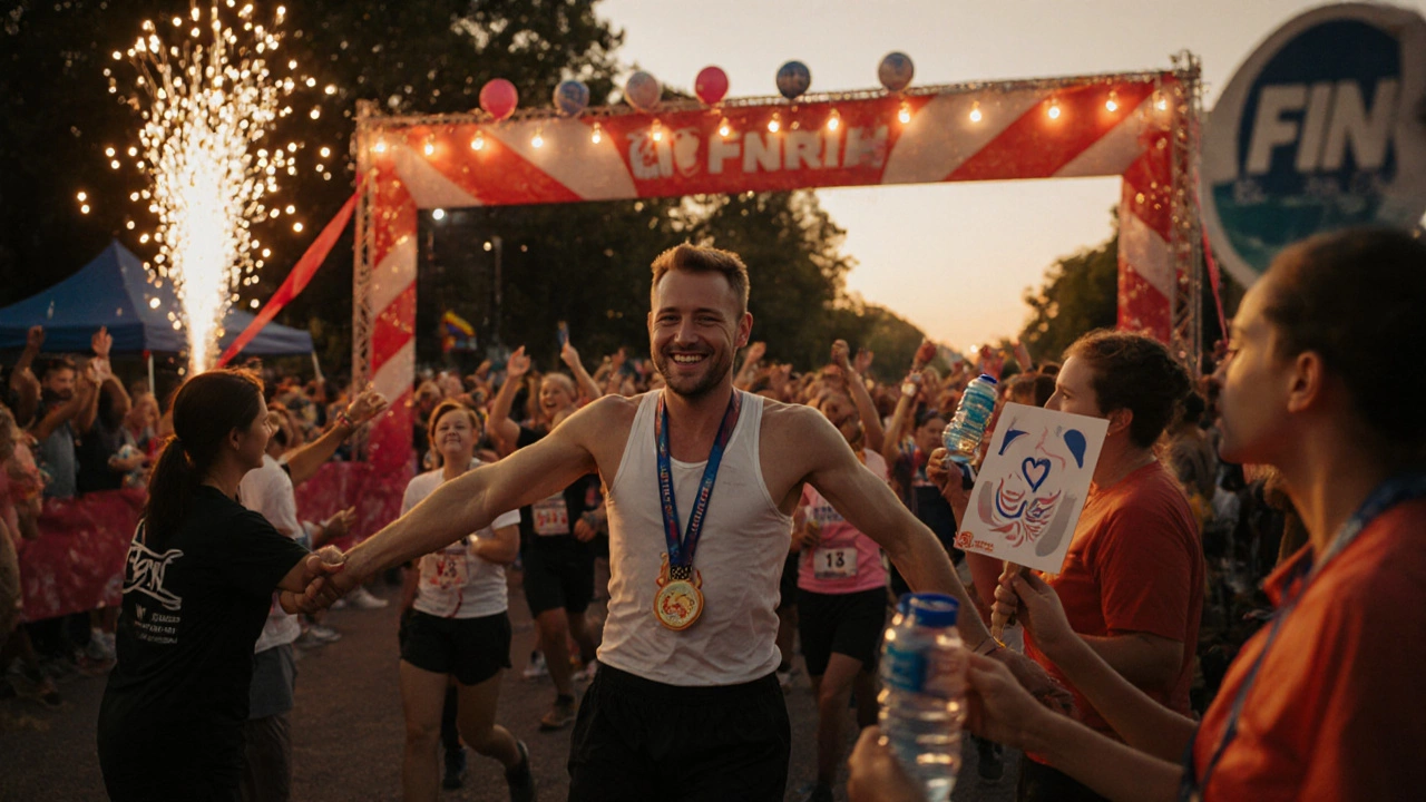 Evening finish line celebration with runners receiving medals, lights, and fireworks.