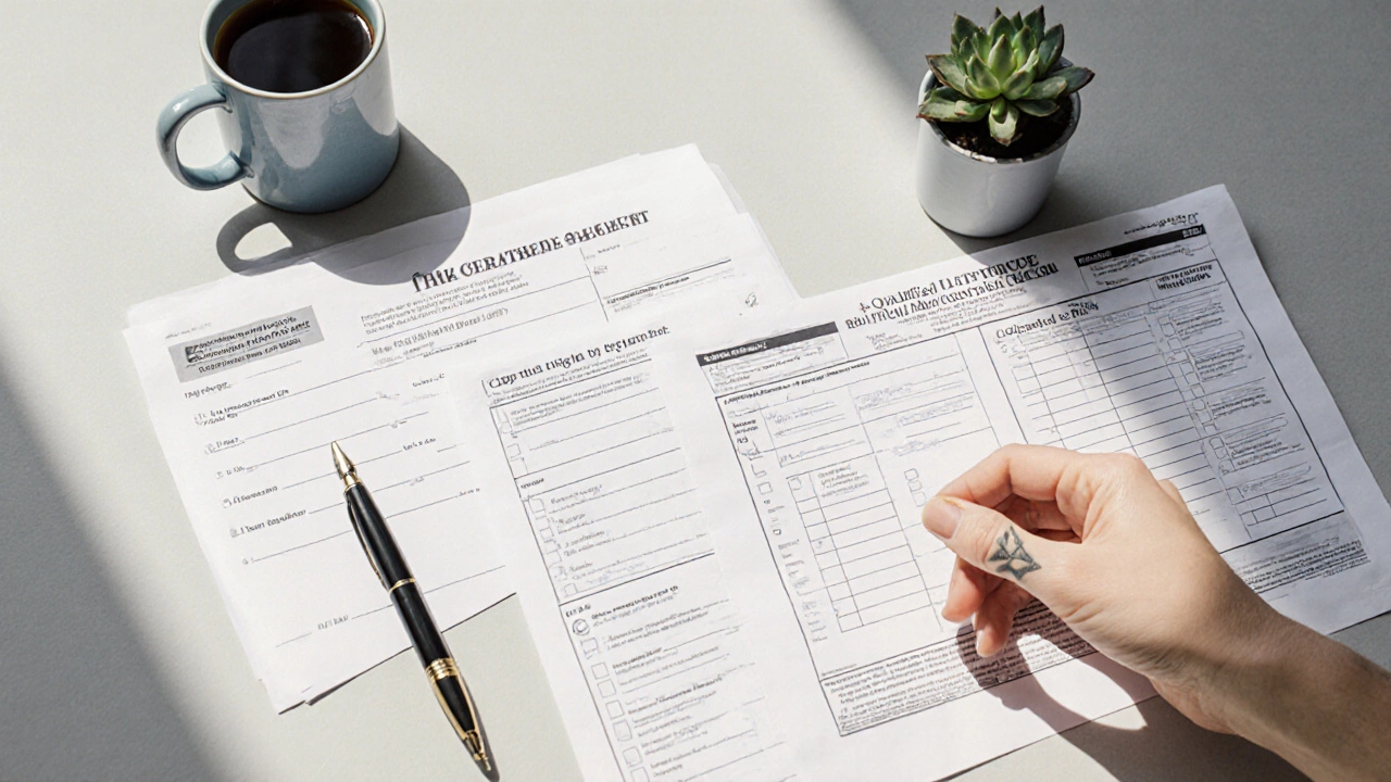 Flat‑lay of receipt, Form 8283, appraisal, and checklist on a desk, ready for tax filing.