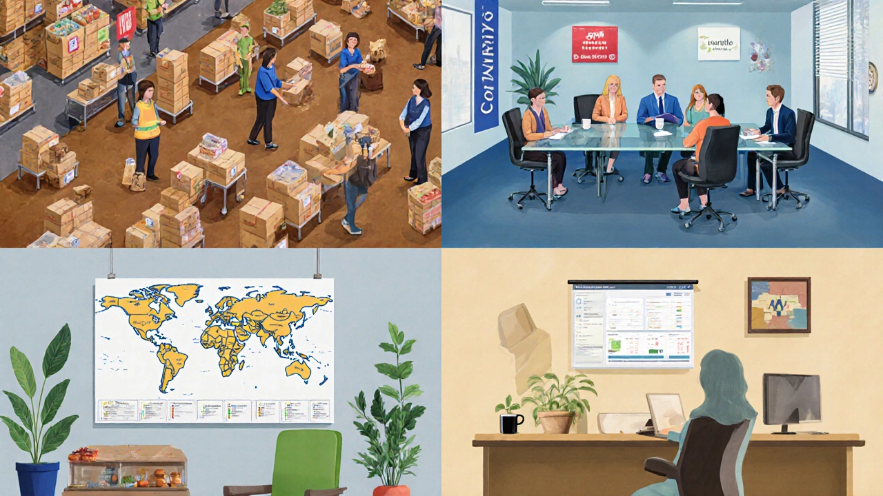 Four scenes showing a food bank, foundation boardroom, community foundation office, and home donor‑advised fund setup.