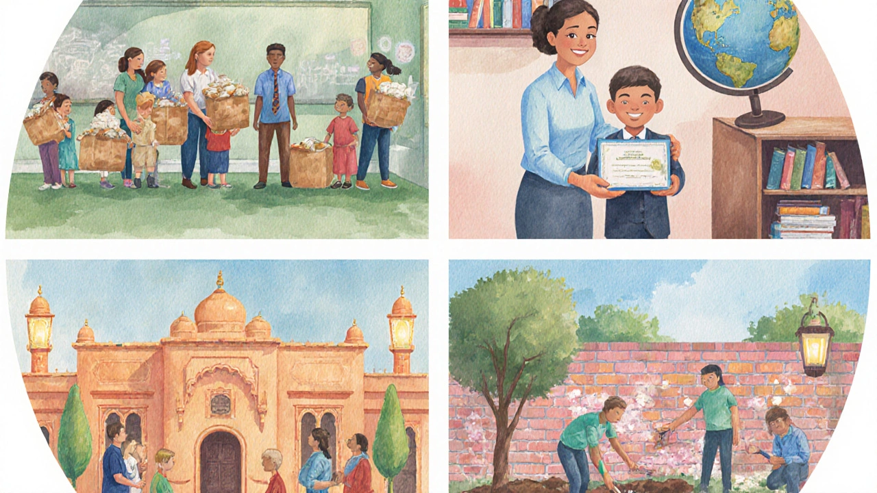 Four watercolor scenes showing food aid, education, religious outreach, and environmental projects.