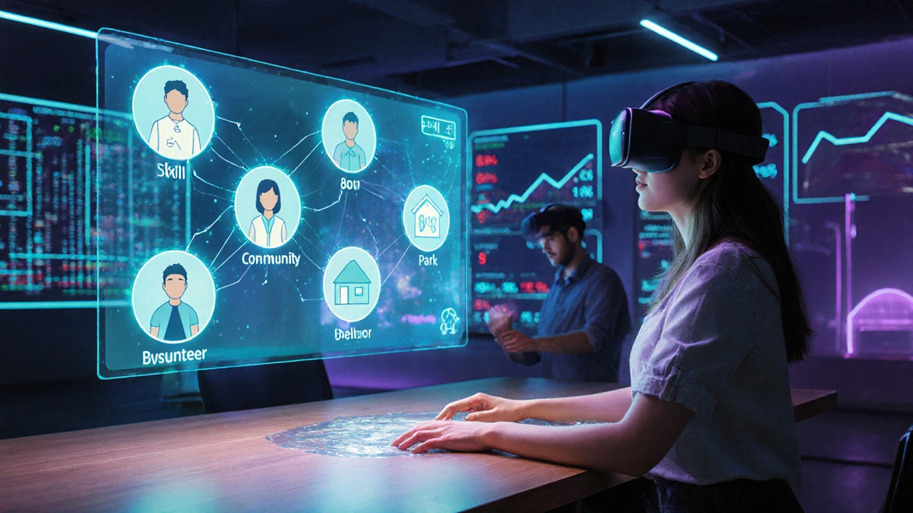 Futuristic hub with AI matching volunteers to needs and VR training.