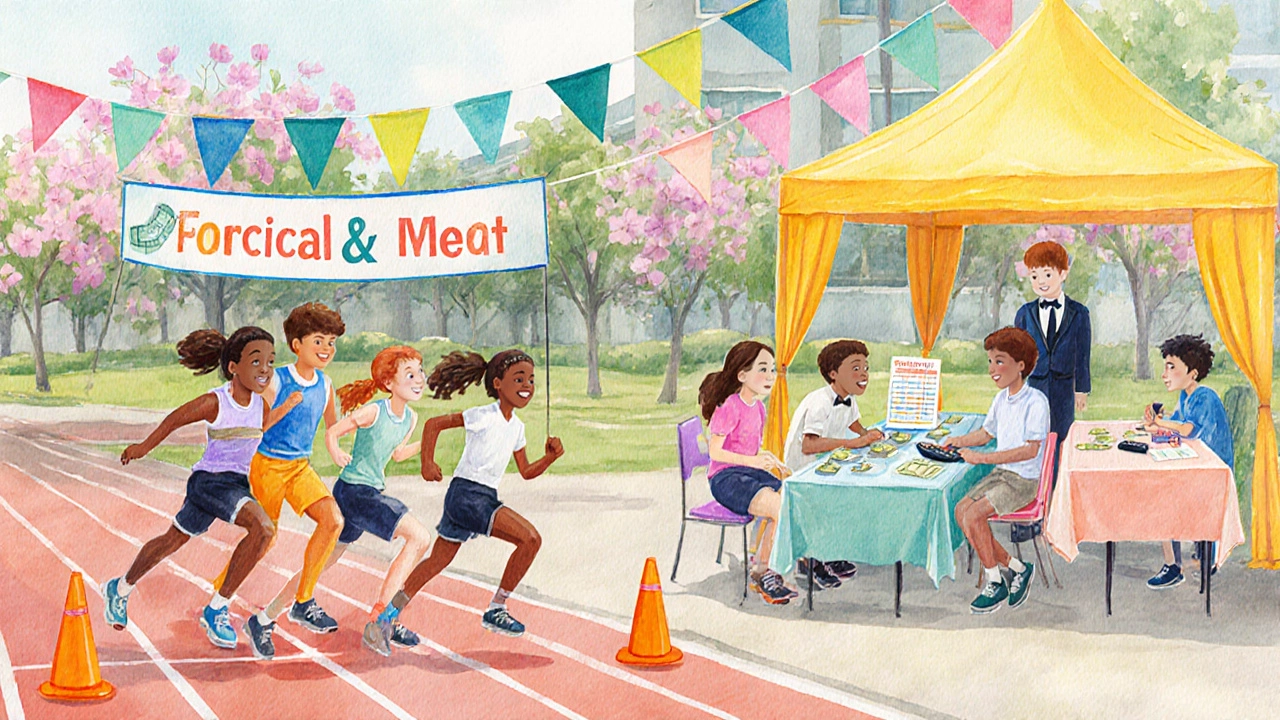 Health‑and‑Wealth Fair showing teens doing a sprint obstacle course and a budgeting game under sunny skies.