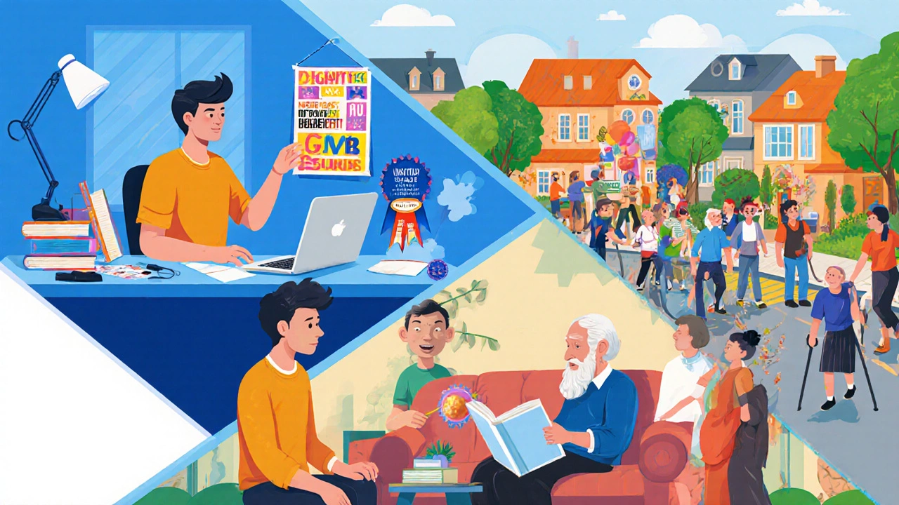Illustration of volunteers gaining skills while improving their neighborhood.
