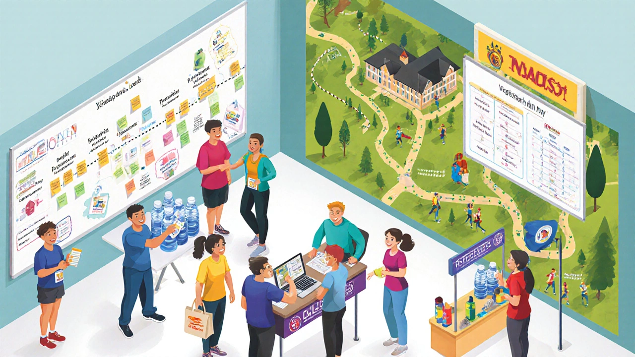 Isometric view of fun run planning with timeline board, registration desk, sponsor booth, and route map.