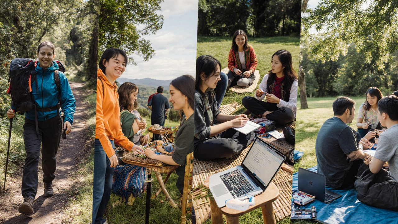 Multiple club activities happening in a park: hikers, weavers, language learners, and tech hobbyists.