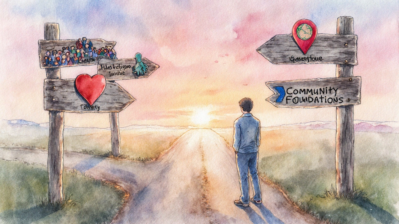 Person at sunrise crossroads with four signposts representing different charity types.
