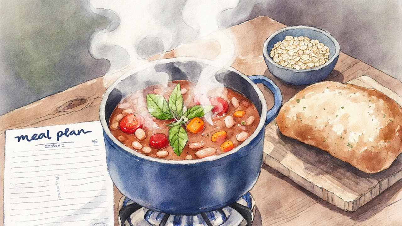 Pot of bean soup with foraged greens beside a handwritten meal plan and bread.