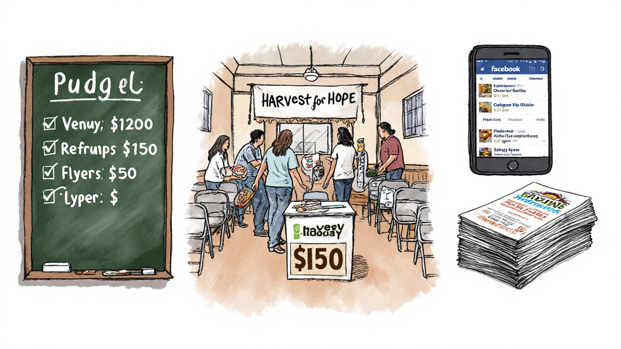 Sketch of budget board, volunteers setting up hall, flyers, and sponsor signs.