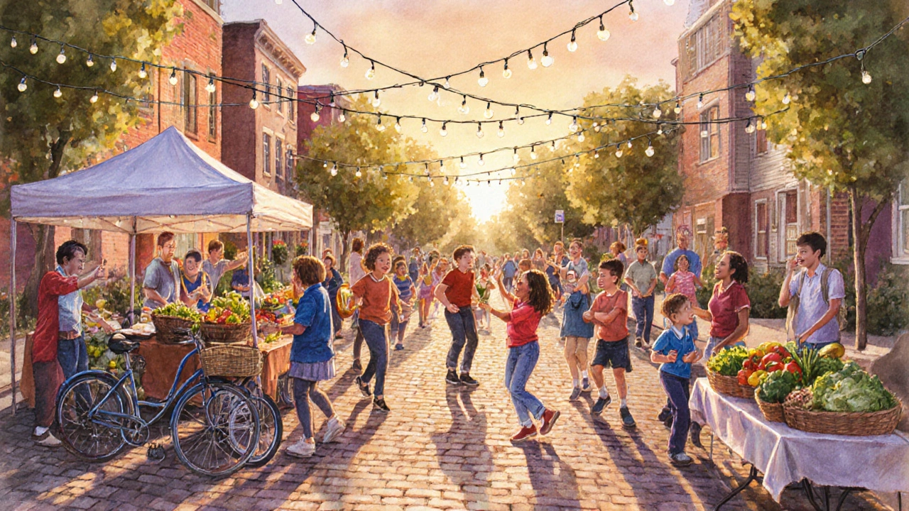 Sunset block party with a bike repair booth, garden produce table, and multicultural dance performance.