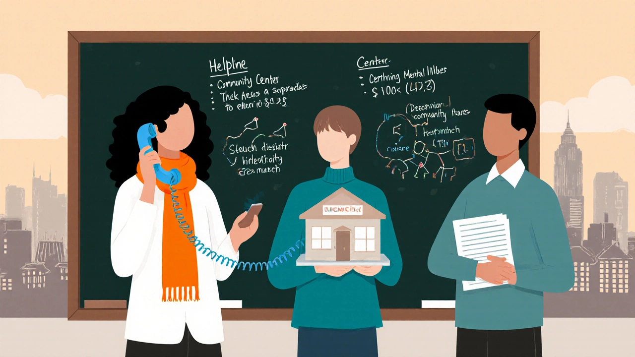 Three charity figures with symbols for Mind, Rethink, and Foundation beside a chalkboard.