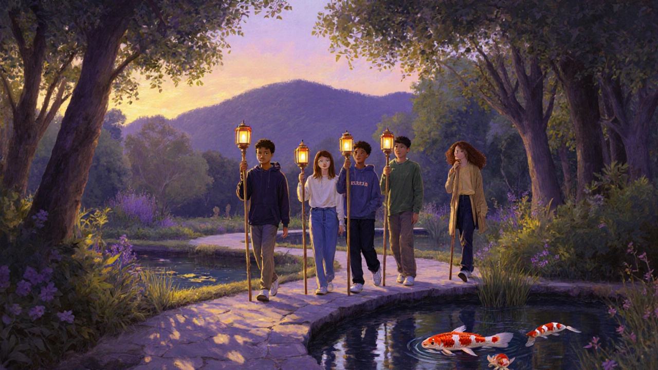 Values Walk in a botanical garden at sunset, teens carrying lanterns and reflecting by a pond.