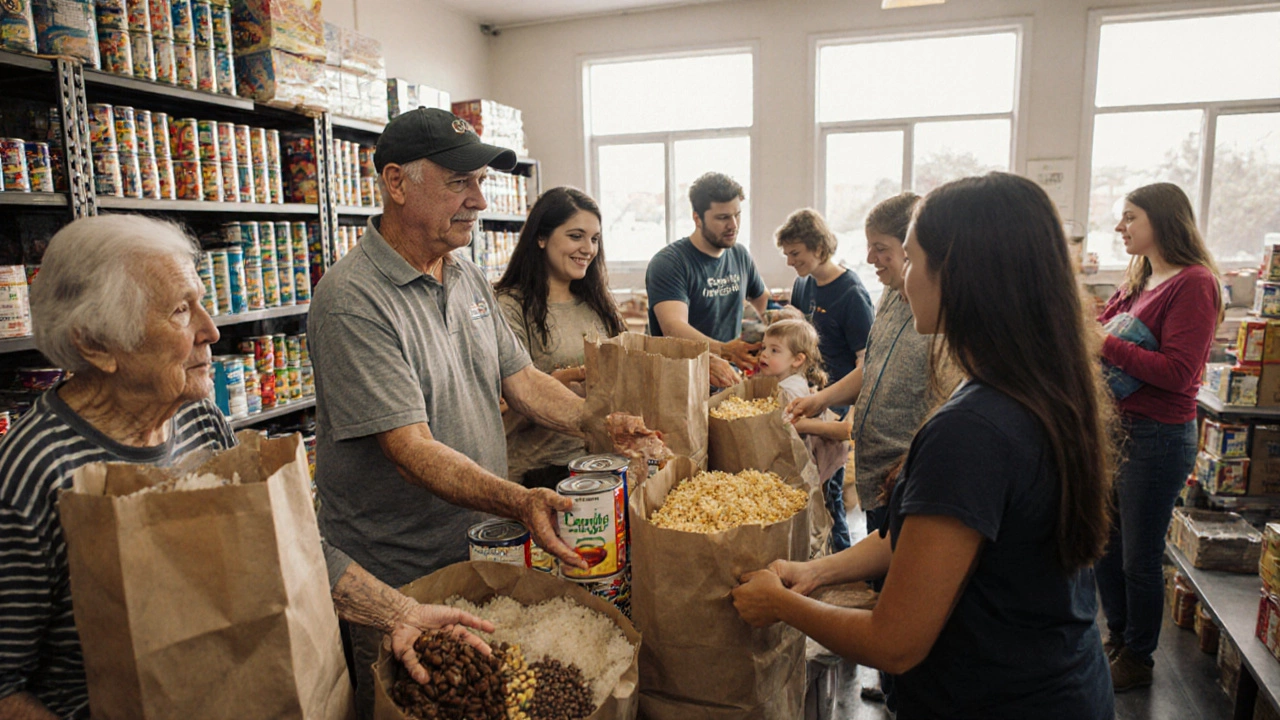 Volunteers handing food bags to diverse community members inside a bright food bank.